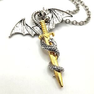 Silver & Gold Stainless Dragon & Sword Necklace Valentines Birthday Gift New!!